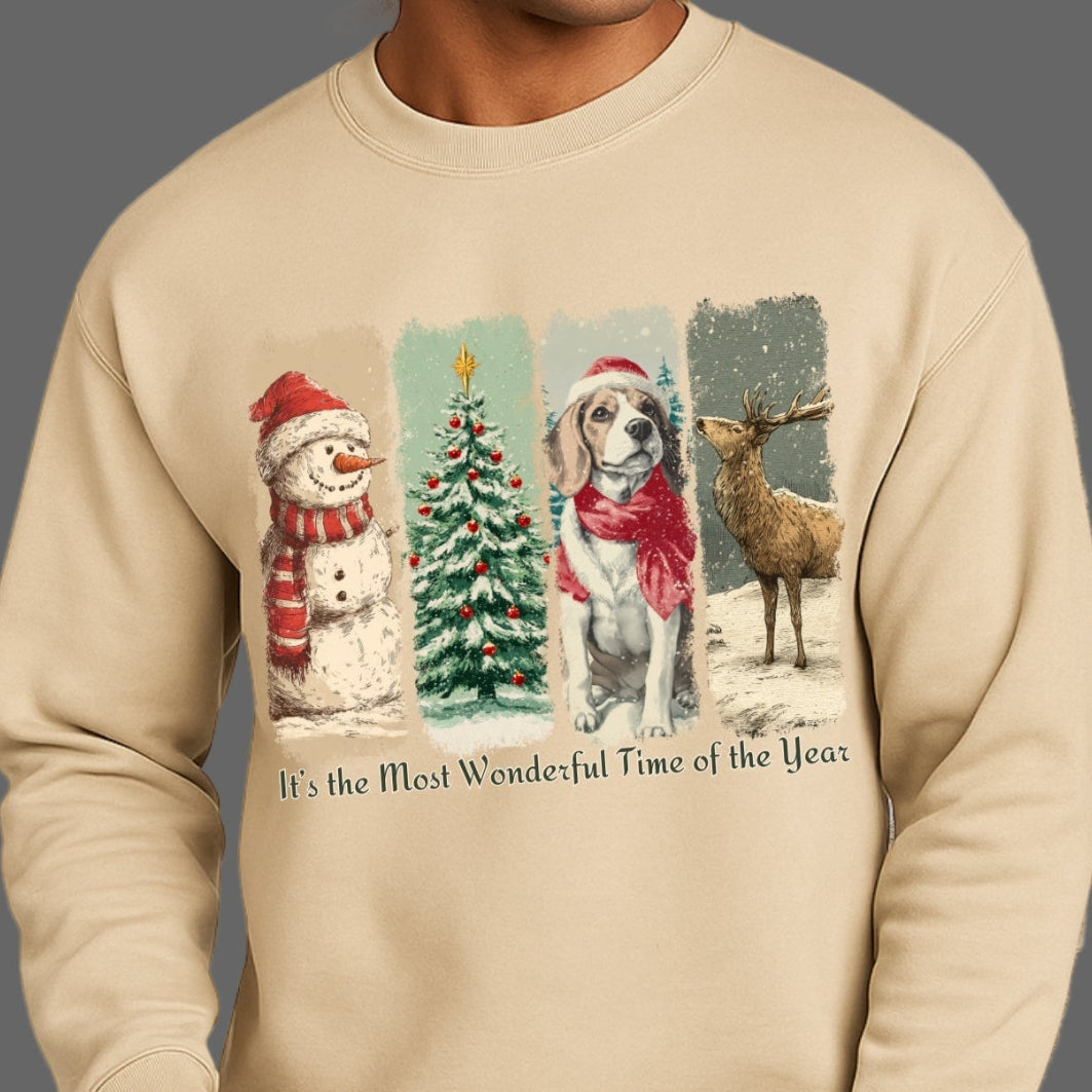 Beige sweatshirt with Christmas-themed design featuring a snowman, tree, dog, and deer.