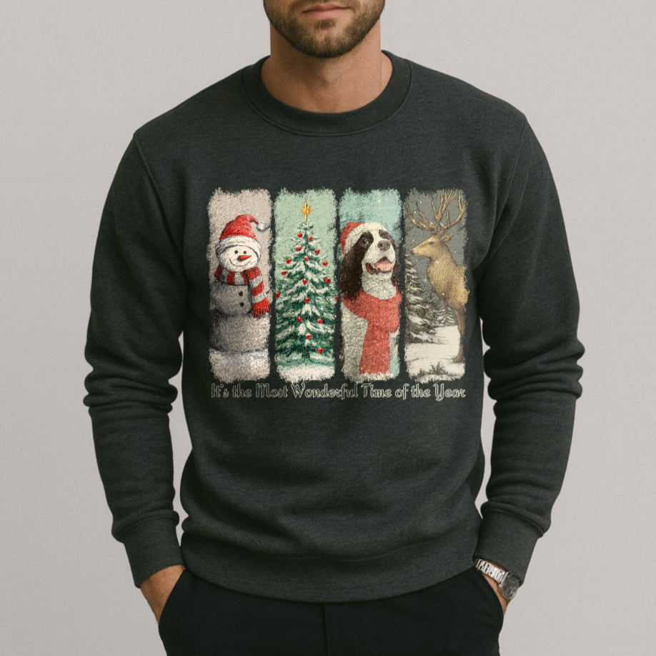 Man wearing a black sweater with a Christmas-themed design on a plain background
