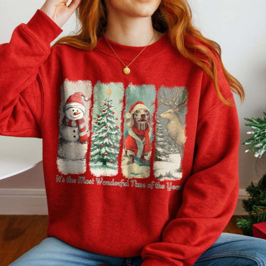 Person wearing a red Christmas-themed sweatshirt with festive graphics and text.