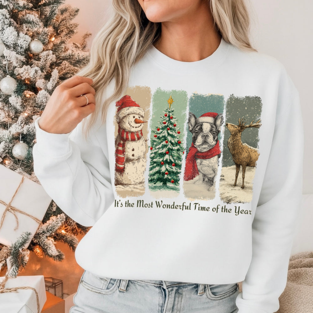 Person wearing a white sweatshirt with Christmas-themed design in a festive setting.