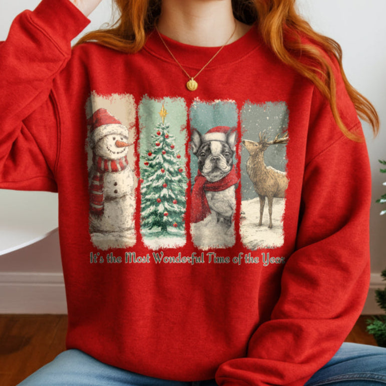 Person wearing a red Christmas-themed sweatshirt with festive illustrations.
