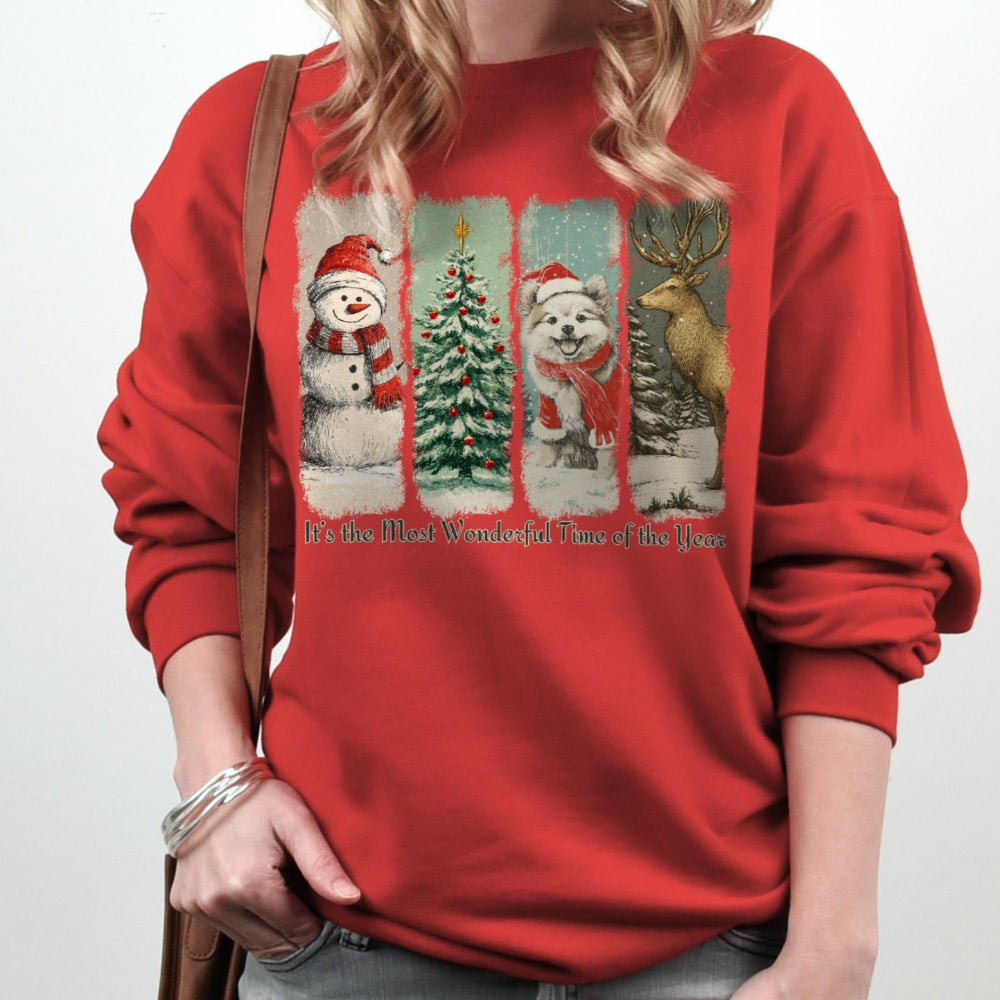 Person wearing a red sweatshirt with Christmas-themed design on a plain background