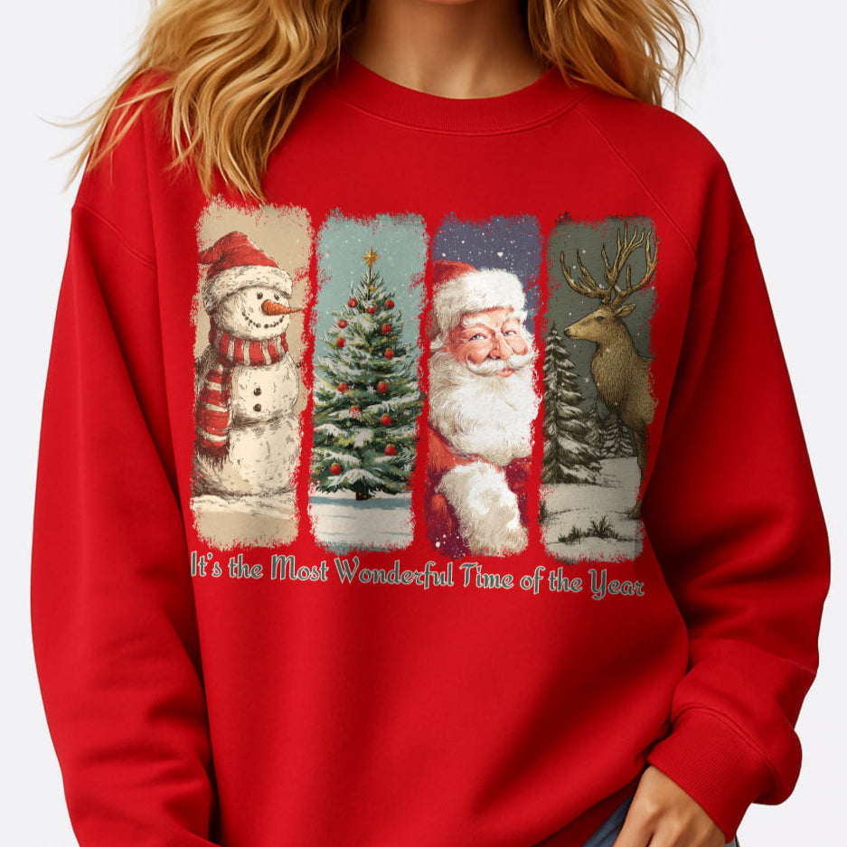 Red Christmas-themed sweatshirt with festive graphics worn by a person on a white background