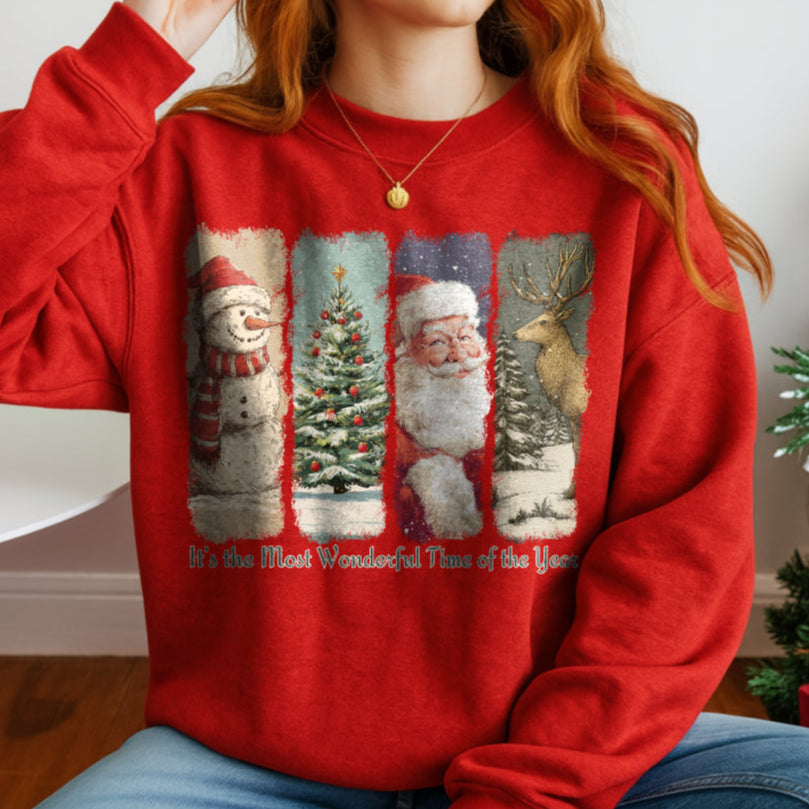 Person wearing a red Christmas-themed sweatshirt with Santa Claus, reindeer, and Christmas tree designs.