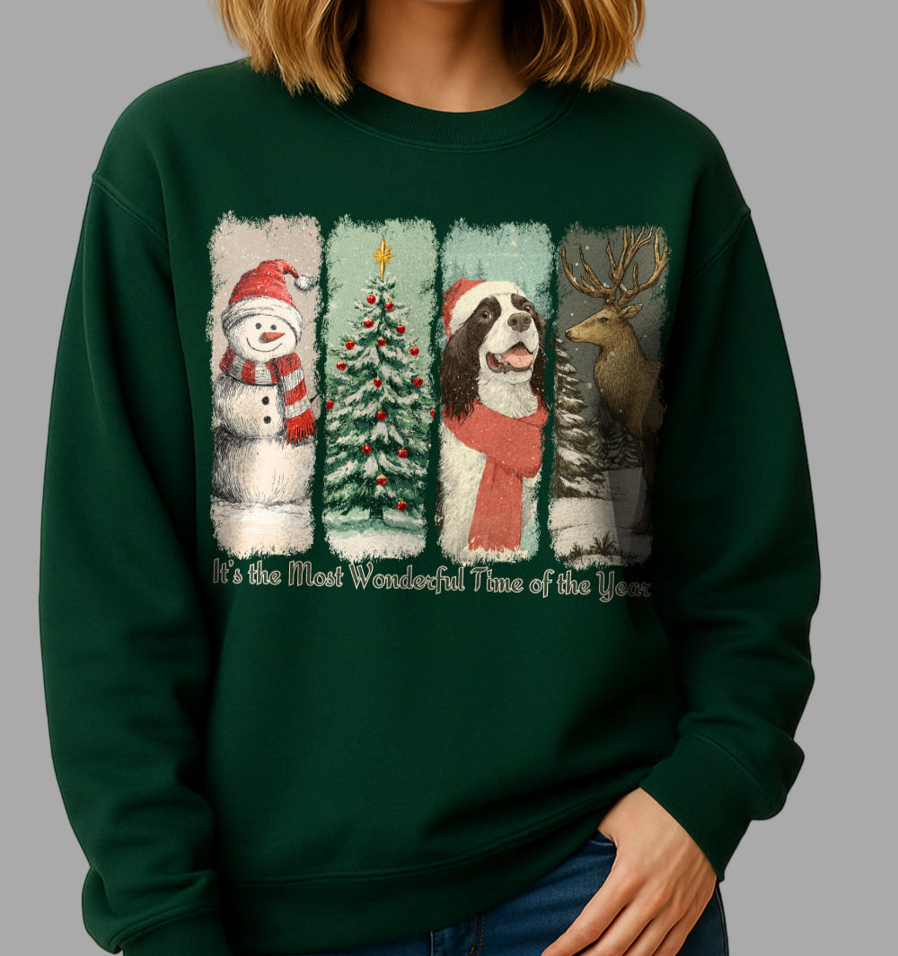 Person wearing a green Christmas-themed sweatshirt with festive illustrations.