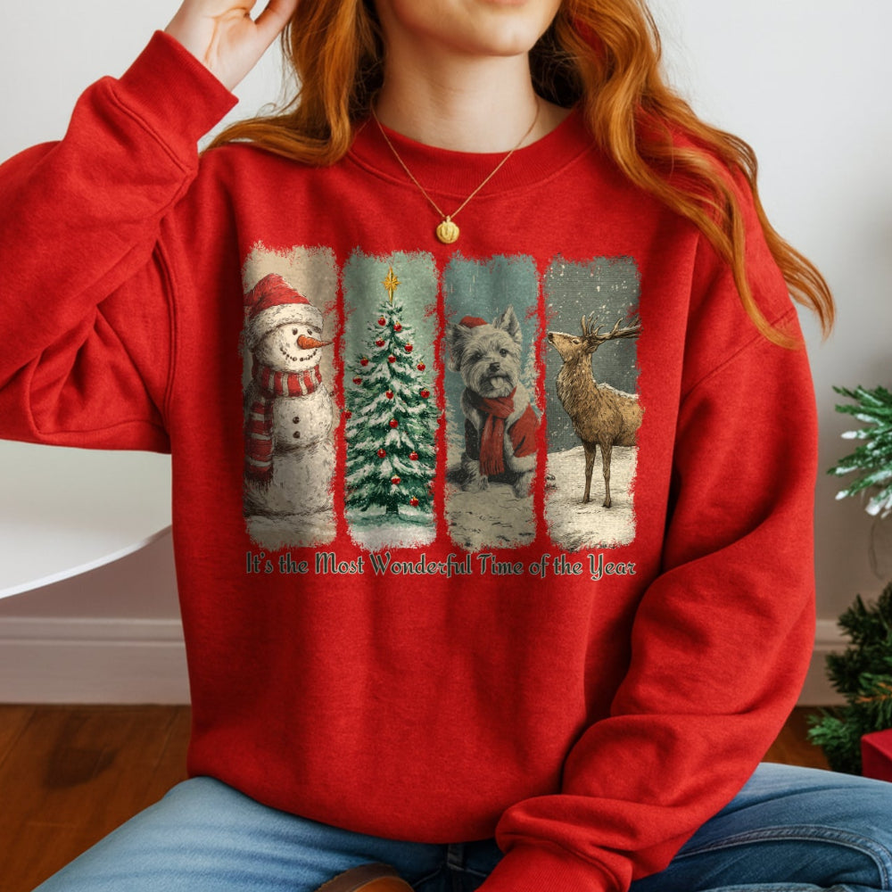 Person wearing a red Christmas-themed sweatshirt with festive graphics.