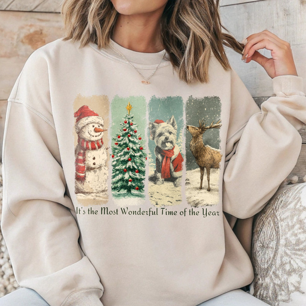 Person wearing a beige sweatshirt with Christmas-themed graphics and text.