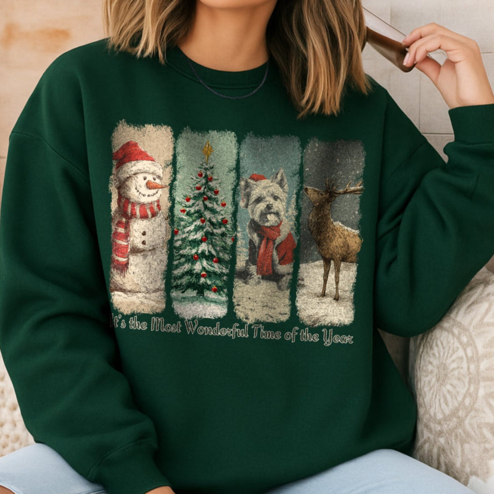 Person wearing a green Christmas-themed sweatshirt with festive illustrations.