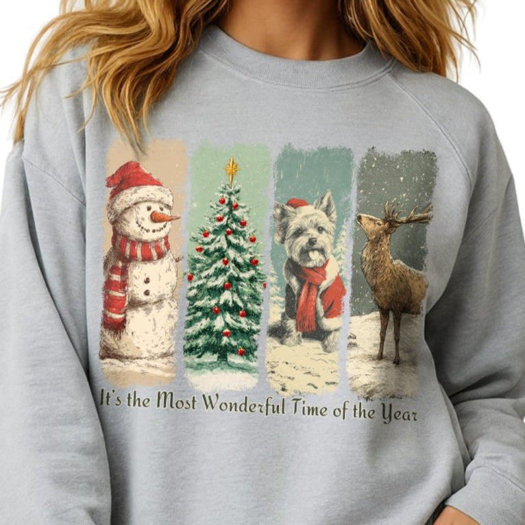 Gray sweatshirt with Christmas-themed graphics and text worn by a person.