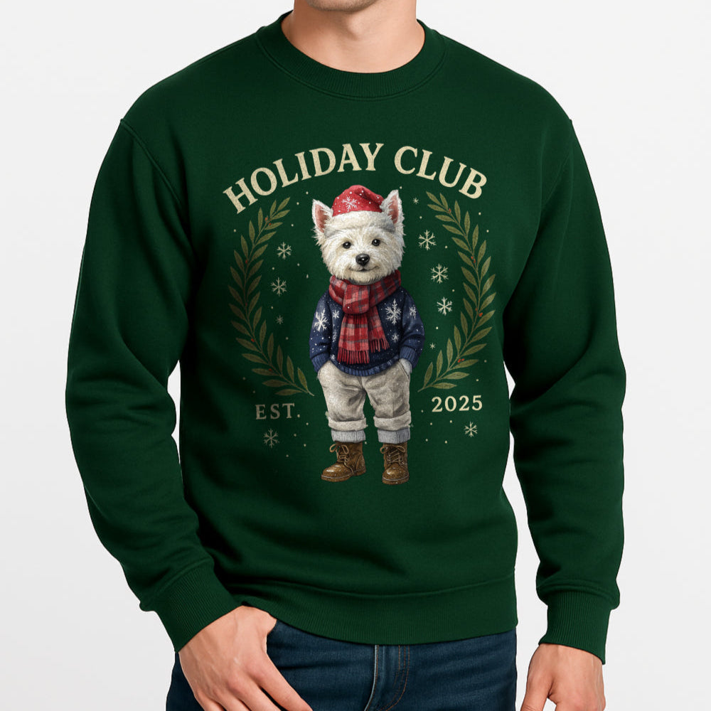 Man wearing a green sweatshirt with a holiday design featuring a dog and text on a white background