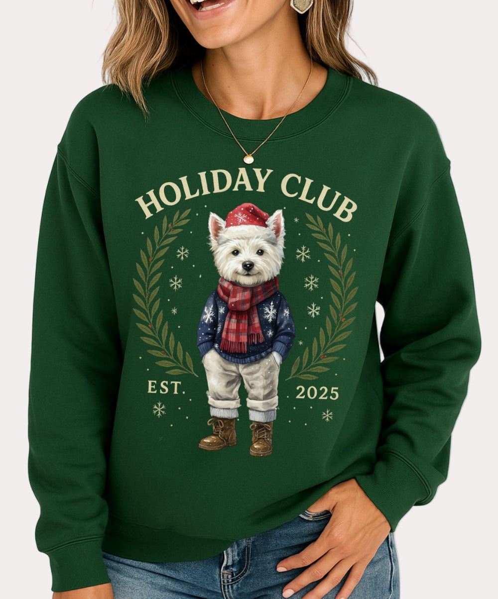 Person wearing a green sweatshirt with a holiday-themed design featuring a dog and text.