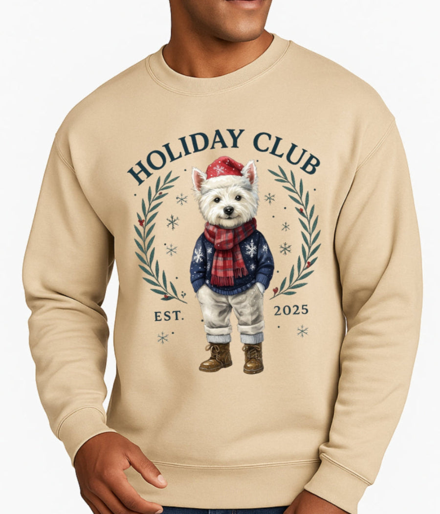 Beige sweatshirt with a festive design of a dog and 'Holiday Club' text on a white background