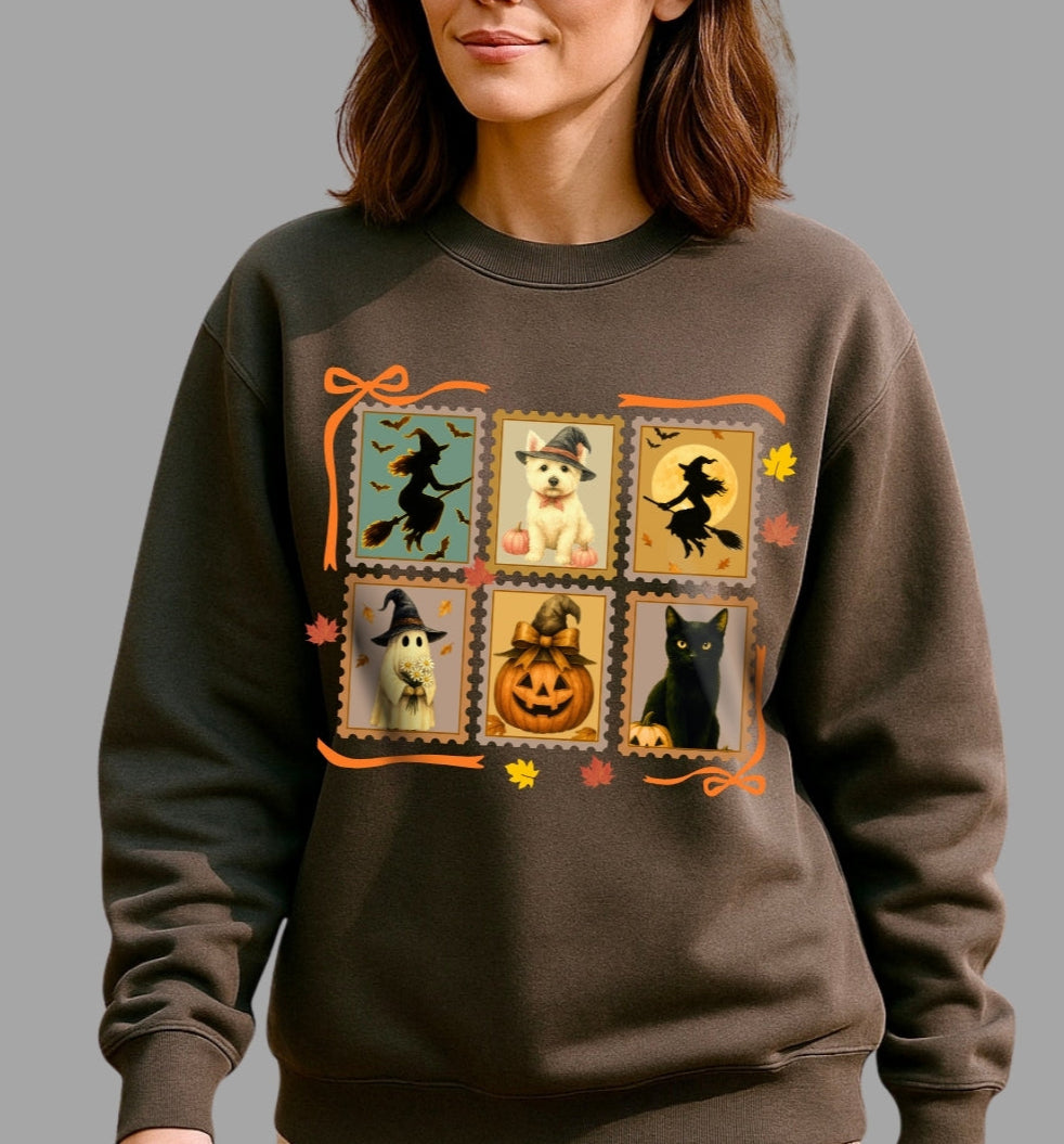 Woman wearing a brown sweatshirt with Halloween-themed design on a gray background