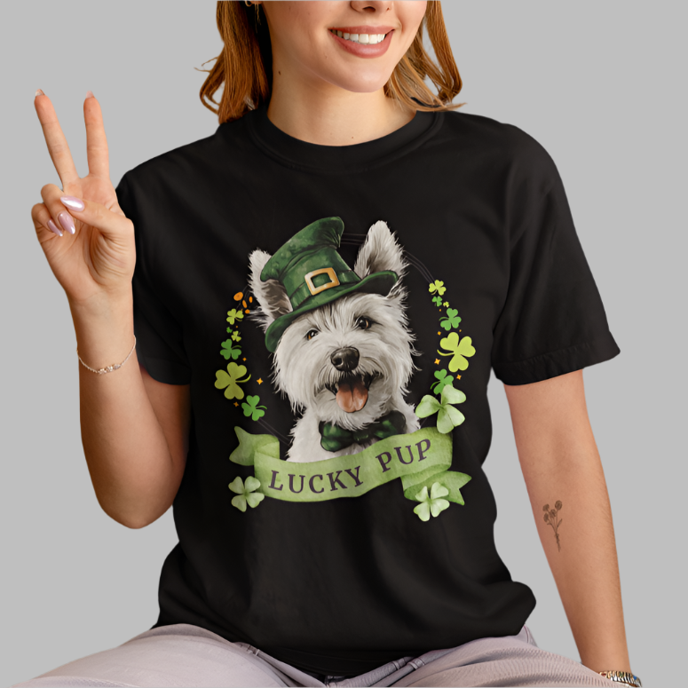 St. Patrick’s Day t-shirt featuring westie dog with a shamrock garland and festive Irish design