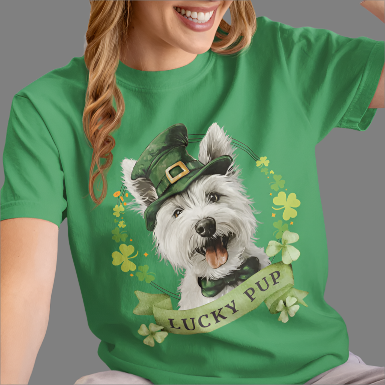St. Patrick’s Day t-shirt featuring west highland white terrier dog with a shamrock garland and festive Irish design