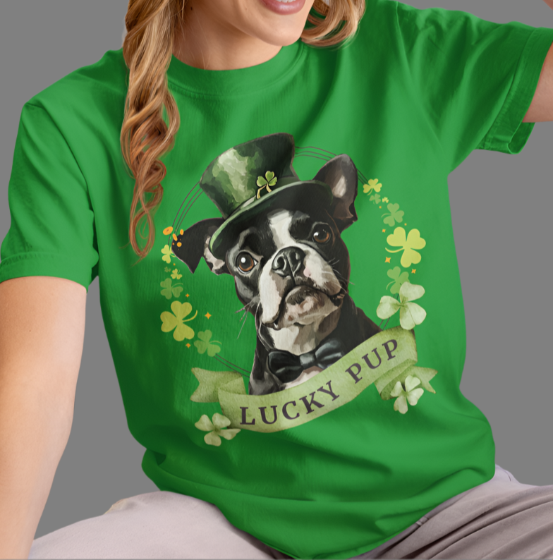 Woman in Irish green St. Patrick’s Day t-shirt featuring a Boston Terrier with a shamrock garland and festive Irish design
