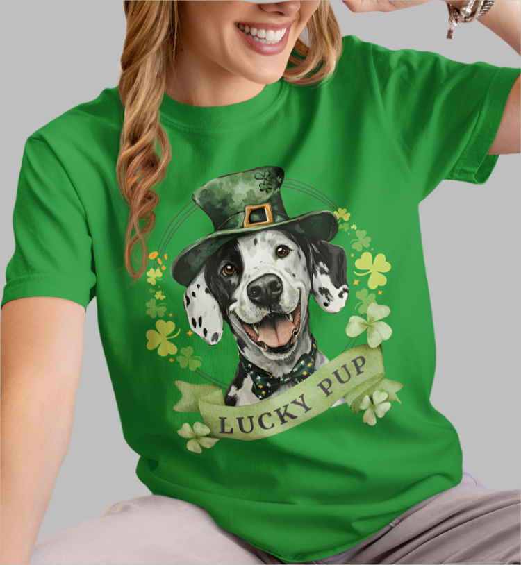 woman in irish green St. Patrick’s Day t-shirt featuring a Dalmatian lucky pup with a shamrock garland and festive Irish