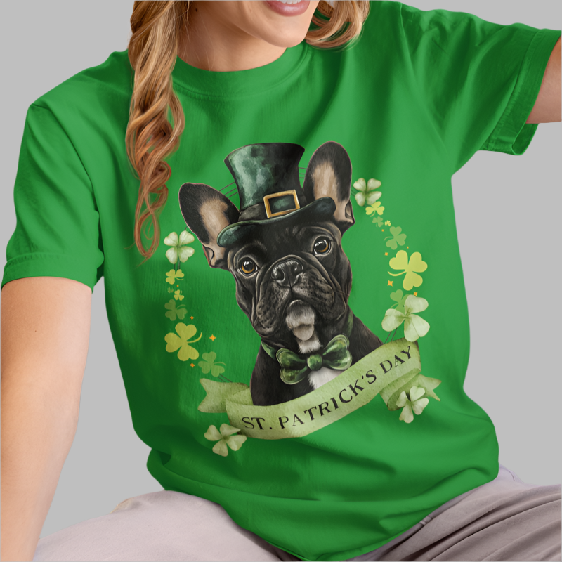 Woman in irish green St. Patrick’s Day t-shirt featuring French Bulldog with a shamrock garland and festive Irish design