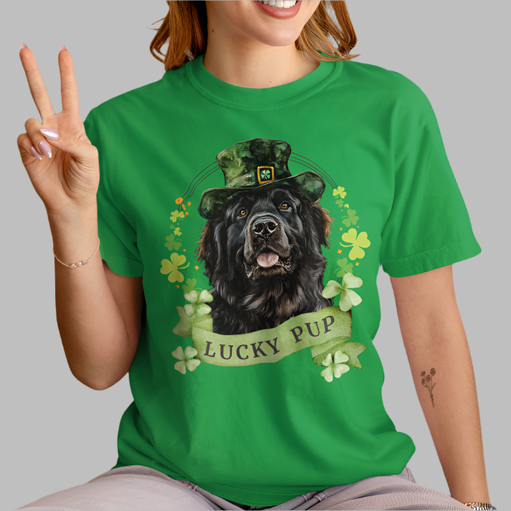 A woman wearing St. Patrick’s Day newfoundland dog t-shirt with a lucky shamrock print, great for dog lovers