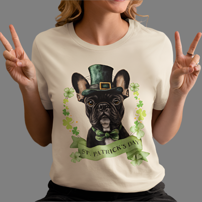 Woman in sand St. Patrick’s Day t-shirt featuring French Bulldog with a shamrock garland and festive Irish design