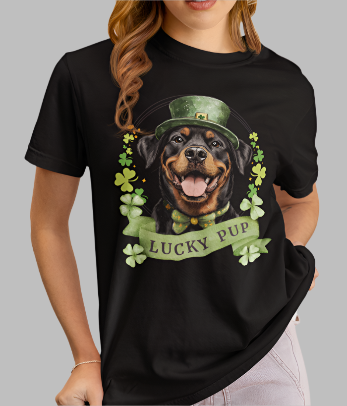 A woman in a St. Patrick’s Day black t-shirt gift for dog lovers featuring a Rottweiler dog with a shamrock garland and festive Irish design
