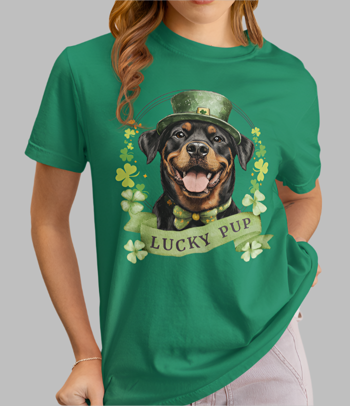 A woman in a St. Patrick’s Day kelly green t-shirt gift for dog lovers featuring a Rottweiler dog with a shamrock garland and festive Irish design