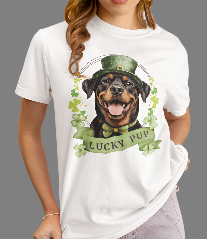 A woman in a St. Patrick’s Day white t-shirt gift for dog lovers featuring a Rottweiler dog with a shamrock garland and festive Irish design