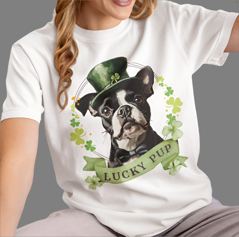Woman in white St. Patrick’s Day t-shirt featuring a Boston Terrier with a shamrock garland and festive Irish design