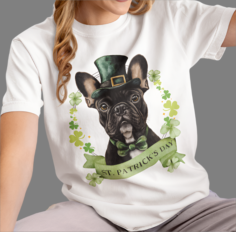 Woman in white St. Patrick’s Day t-shirt featuring French Bulldog with a shamrock garland and festive Irish design
