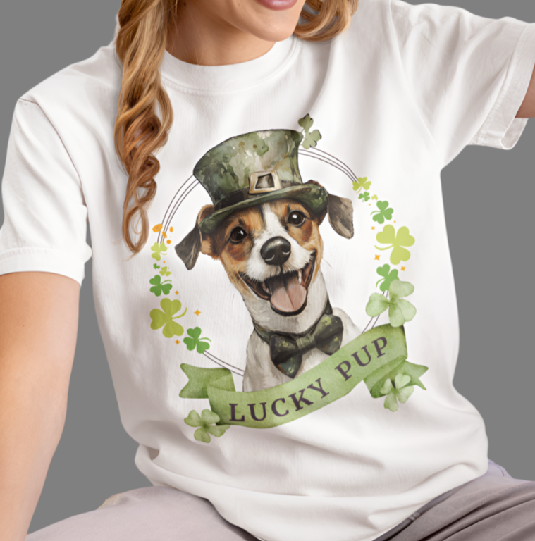 Woman in St. Patrick’s Day t-shirt featuring a Jack Russell Terrier dog with a shamrock garland and festive Irish design