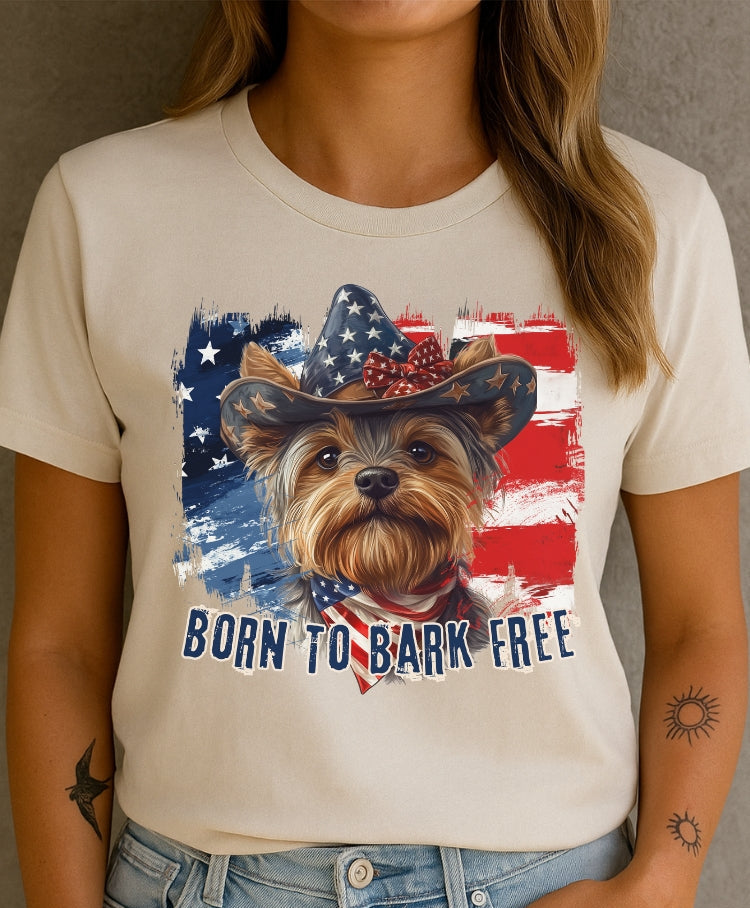 Yorkie Patriotic T-Shirt "Born to Bark Free" - Dog-Themed Patriotic Design