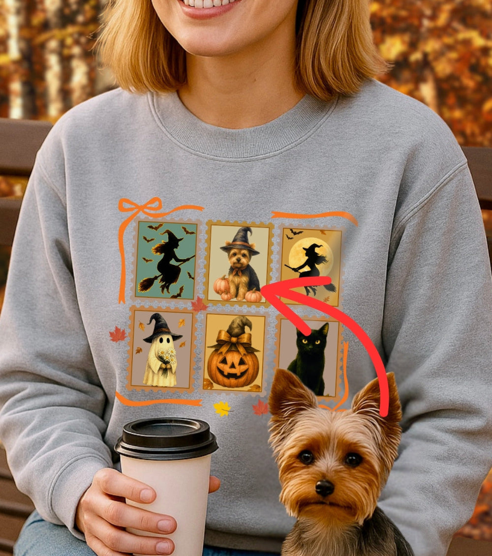 Person wearing a Halloween-themed sweatshirt with a dog sitting next to them.