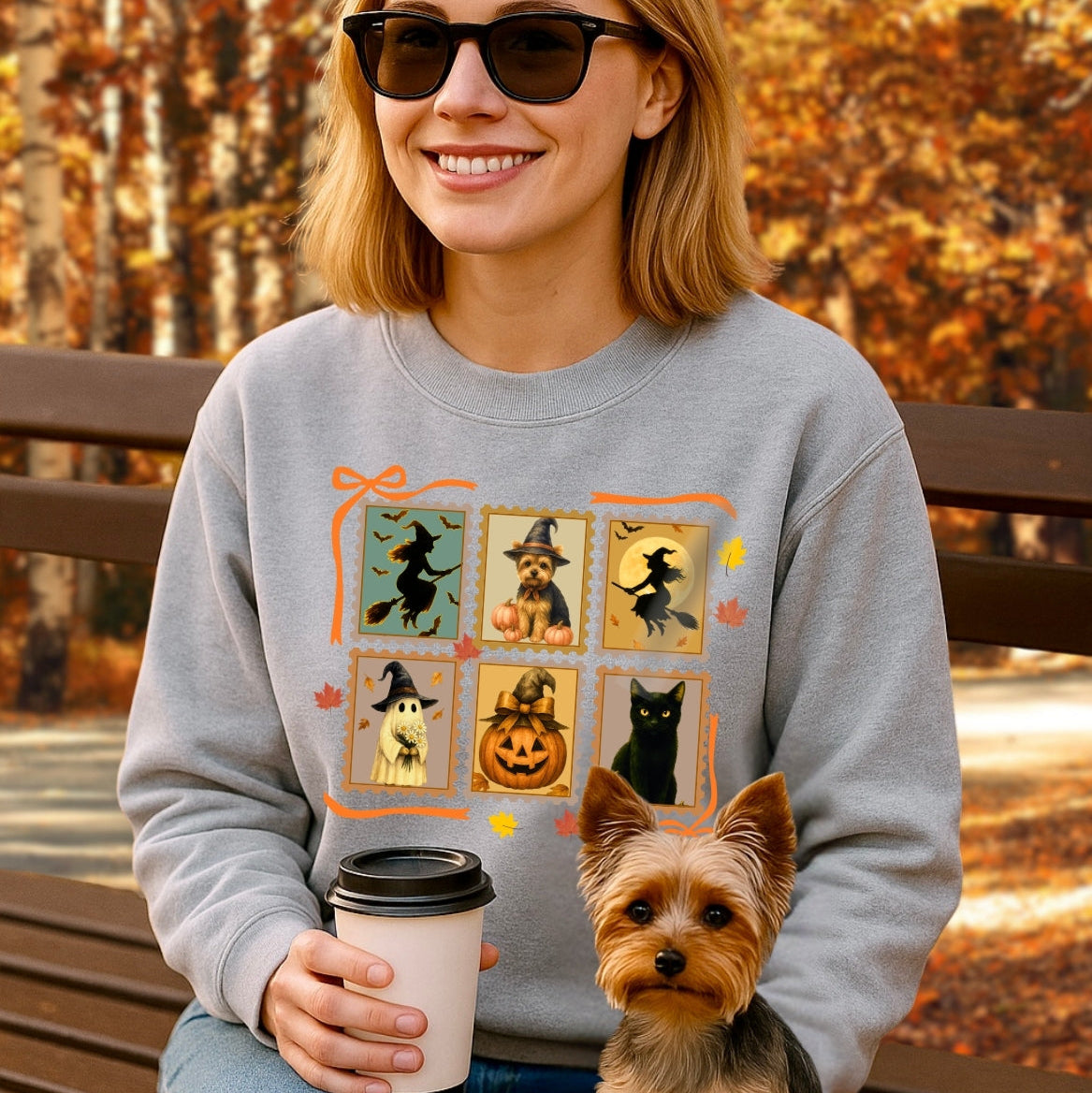 Woman wearing a sweatshirt with Halloween-themed designs sitting on a bench with a dog.