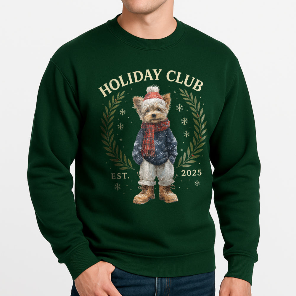 Man wearing a green sweatshirt with a holiday-themed design featuring a dog and text.