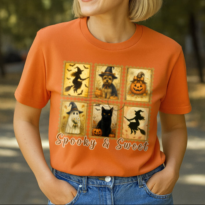 Woman wearing an orange t-shirt with Halloween-themed graphics and text, standing outdoors.