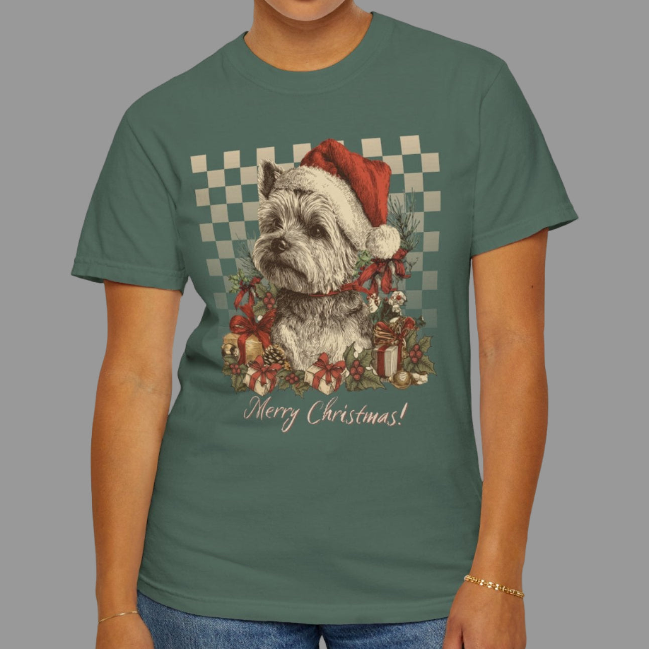 Yorkie Vintage Checkered Christmas Tee