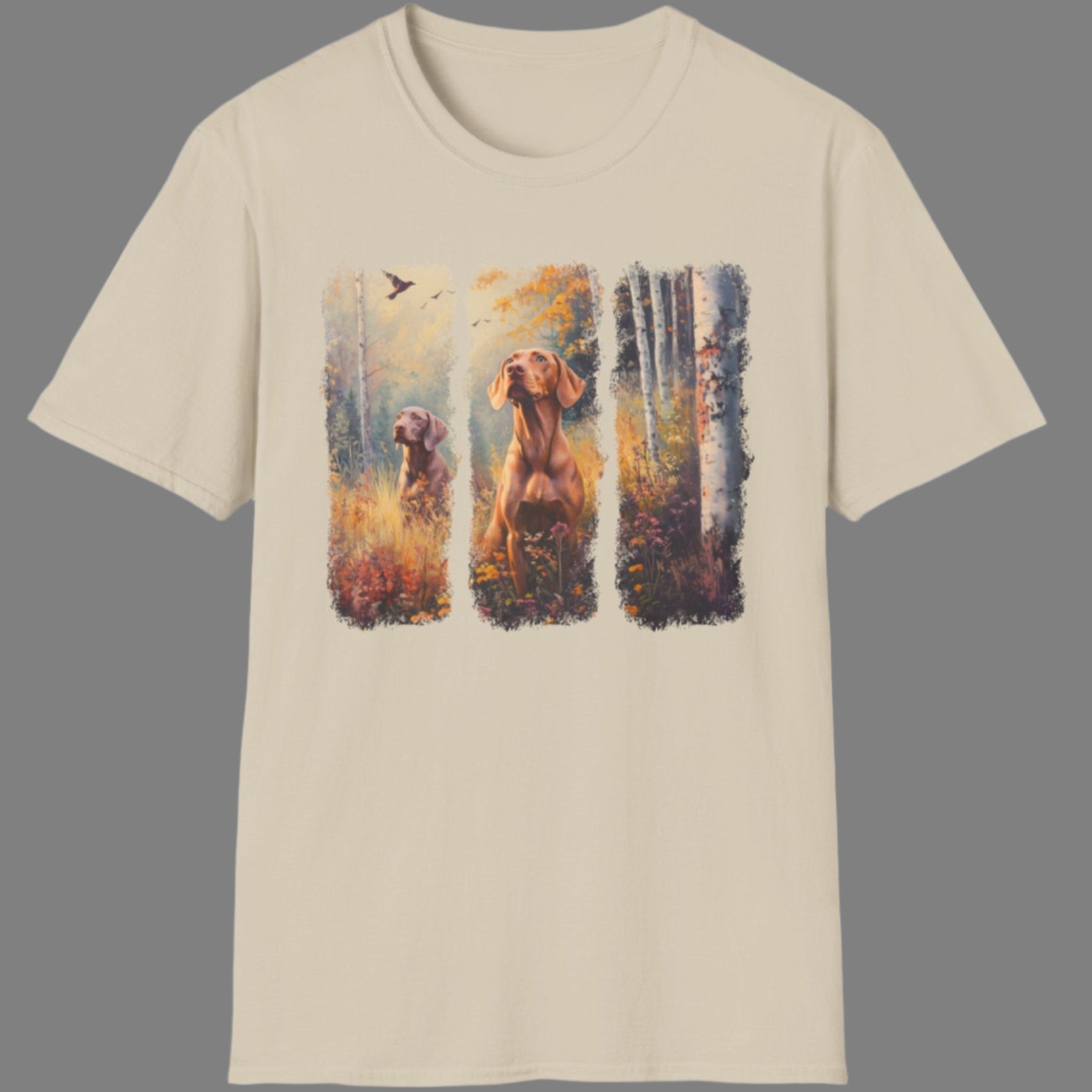 Vizsla hunting t-shirt featuring  sporting dogs in an autumn field, sand