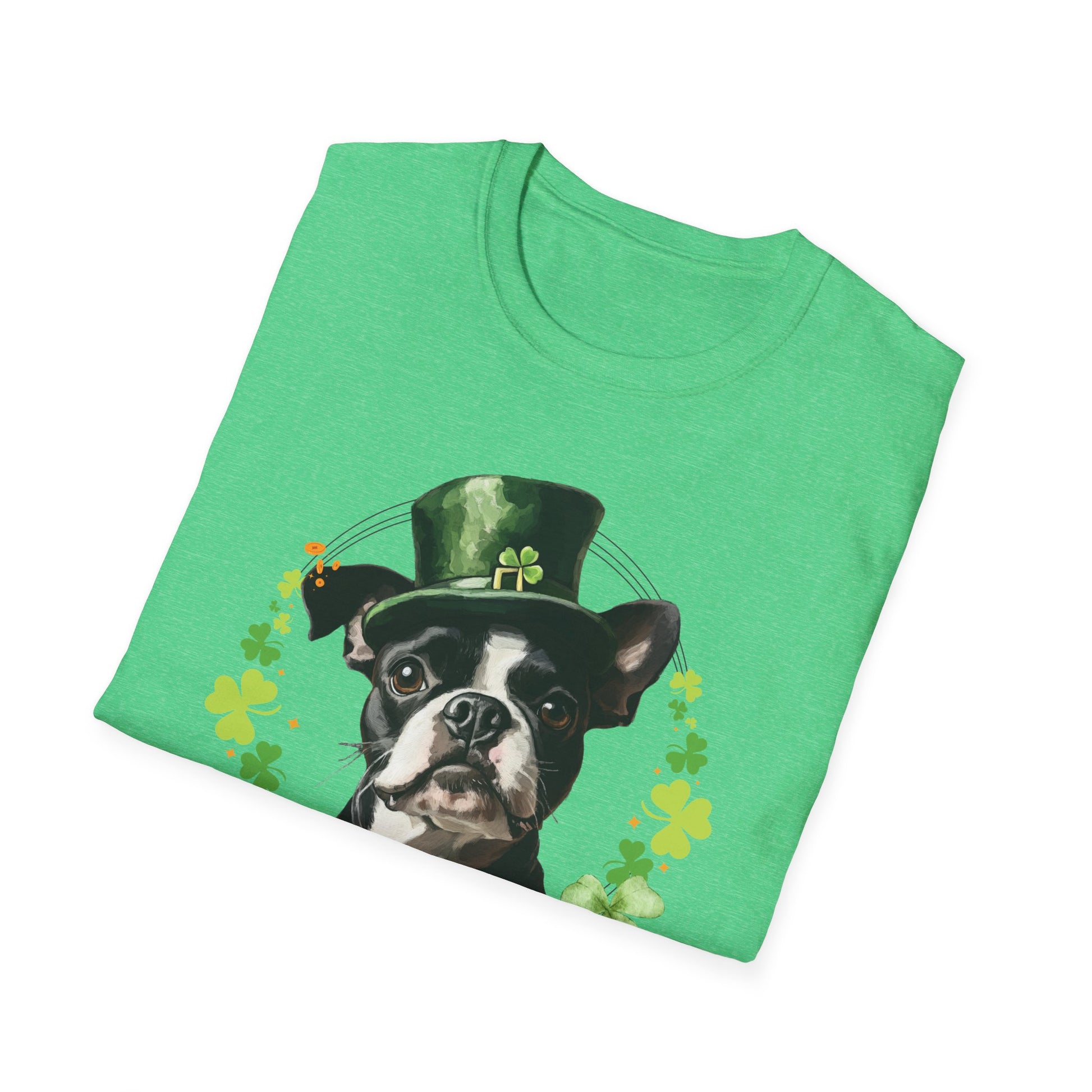 folded St. Patrick’s Day t-shirt featuring a Boston Terrier with a shamrock garland and festive Irish design