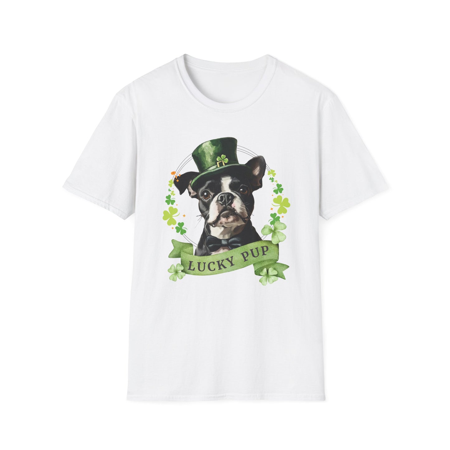 white St. Patrick’s Day t-shirt featuring a Boston Terrier with a shamrock garland and festive Irish design