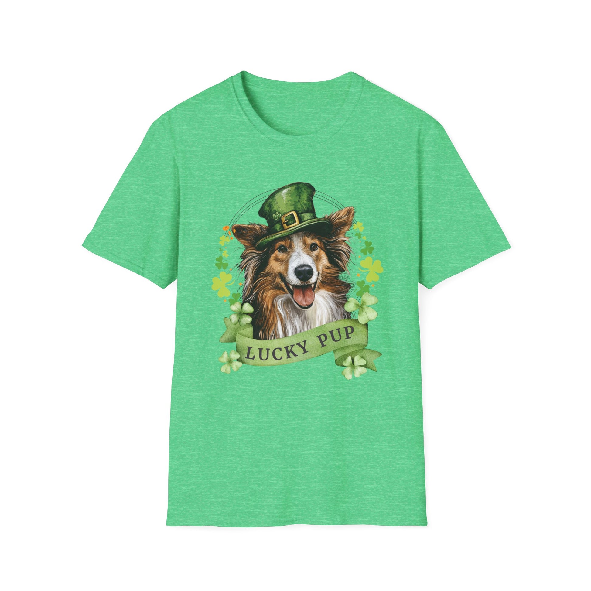 heather kelly green St. Patrick’s Day t-shirt featuring a Shetland sheepdog dog with a shamrock garland and festive Irish design