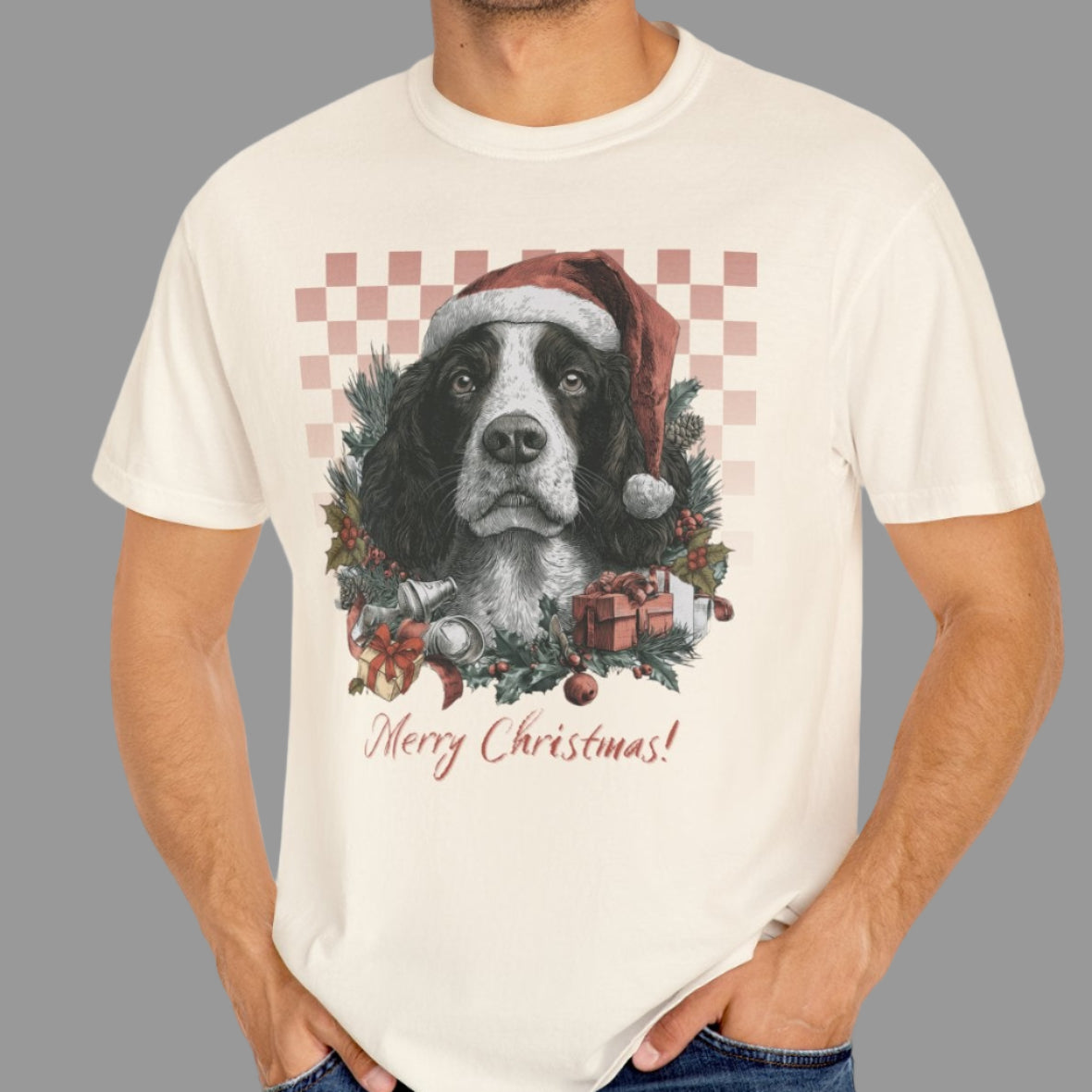 Springer Spaniel Vintage Checkered Christmas Tee