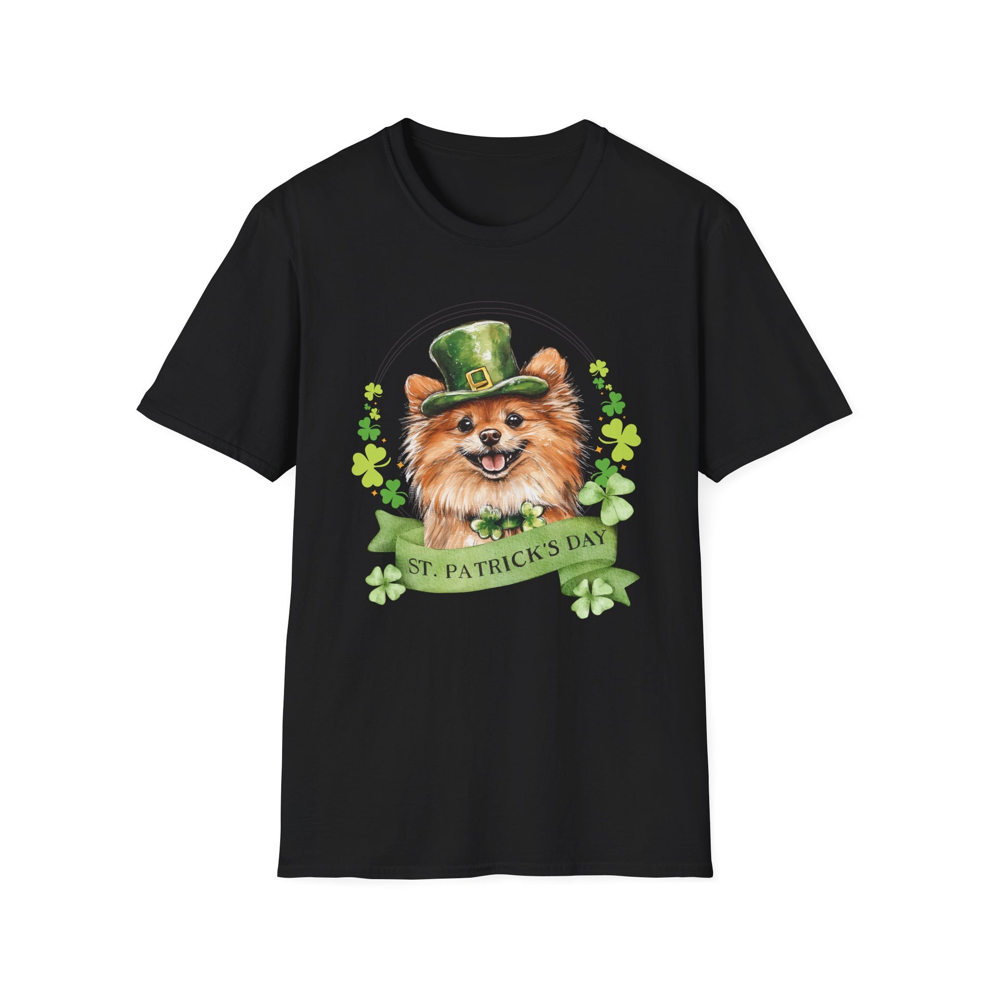 St. Patrick’s Day black t-shirt featuring a Pomeranian dog with a shamrock garland and festive Irish design