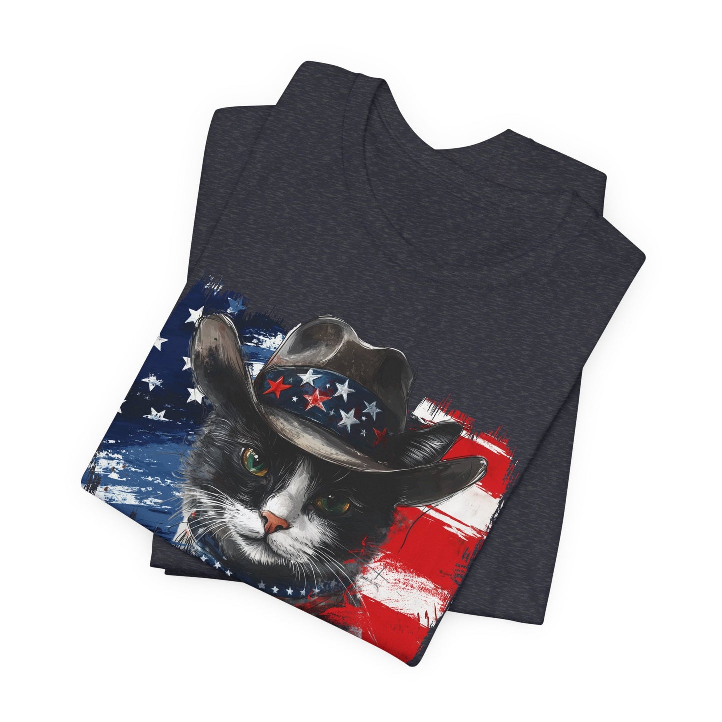 Black and White Cat  Patriotic T-Shirt "Red, White & Meow" - Cat-Themed Patriotic Design