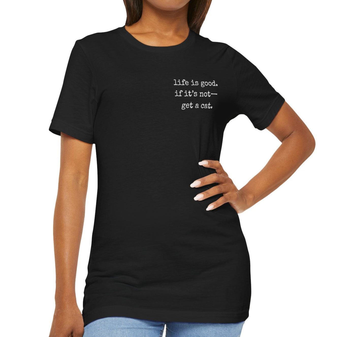 Woman wearing a black t-shirt with text on a white background