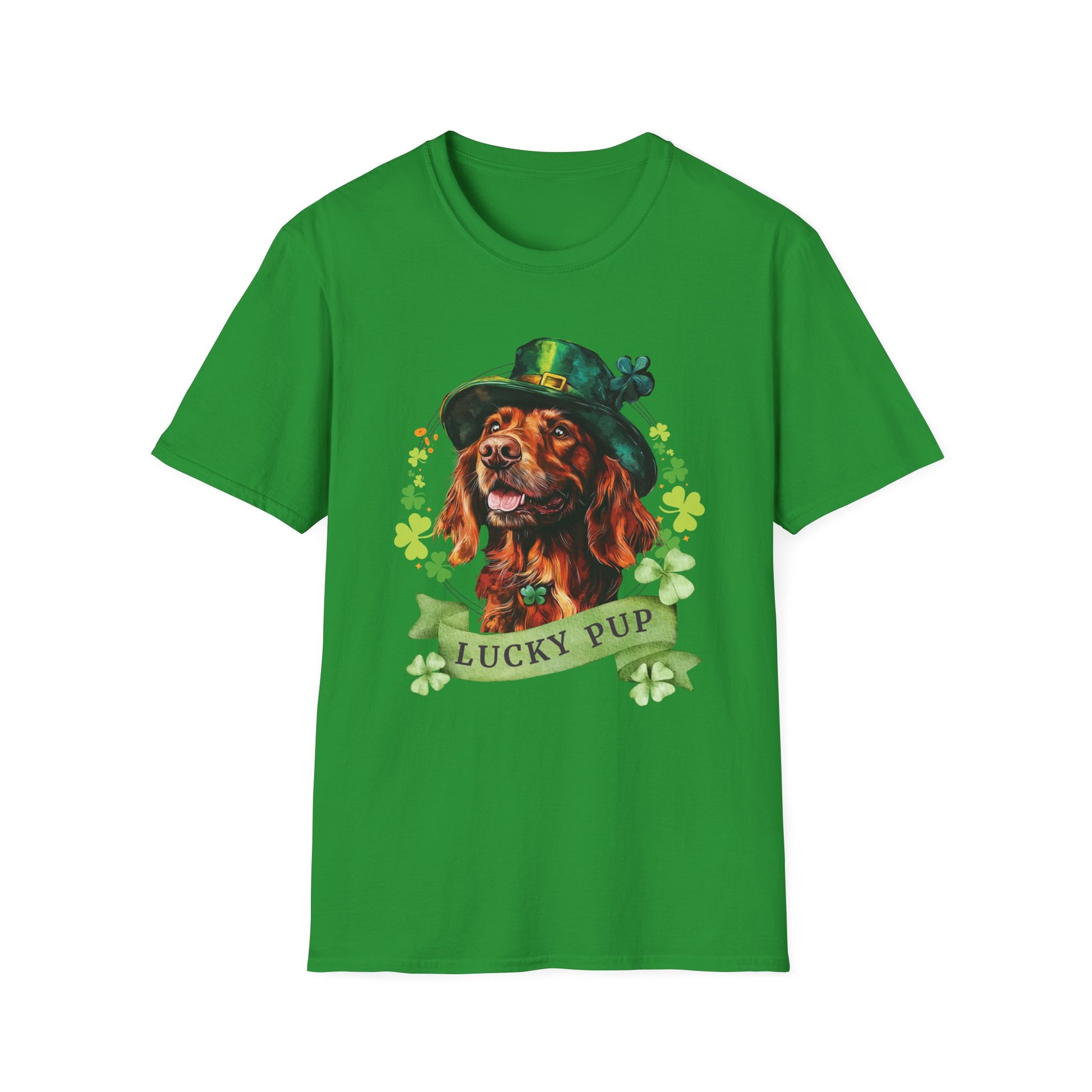 St. Patrick’s Day t-shirt featuring an Irish Setter dog with a shamrock garland and festive Irish design