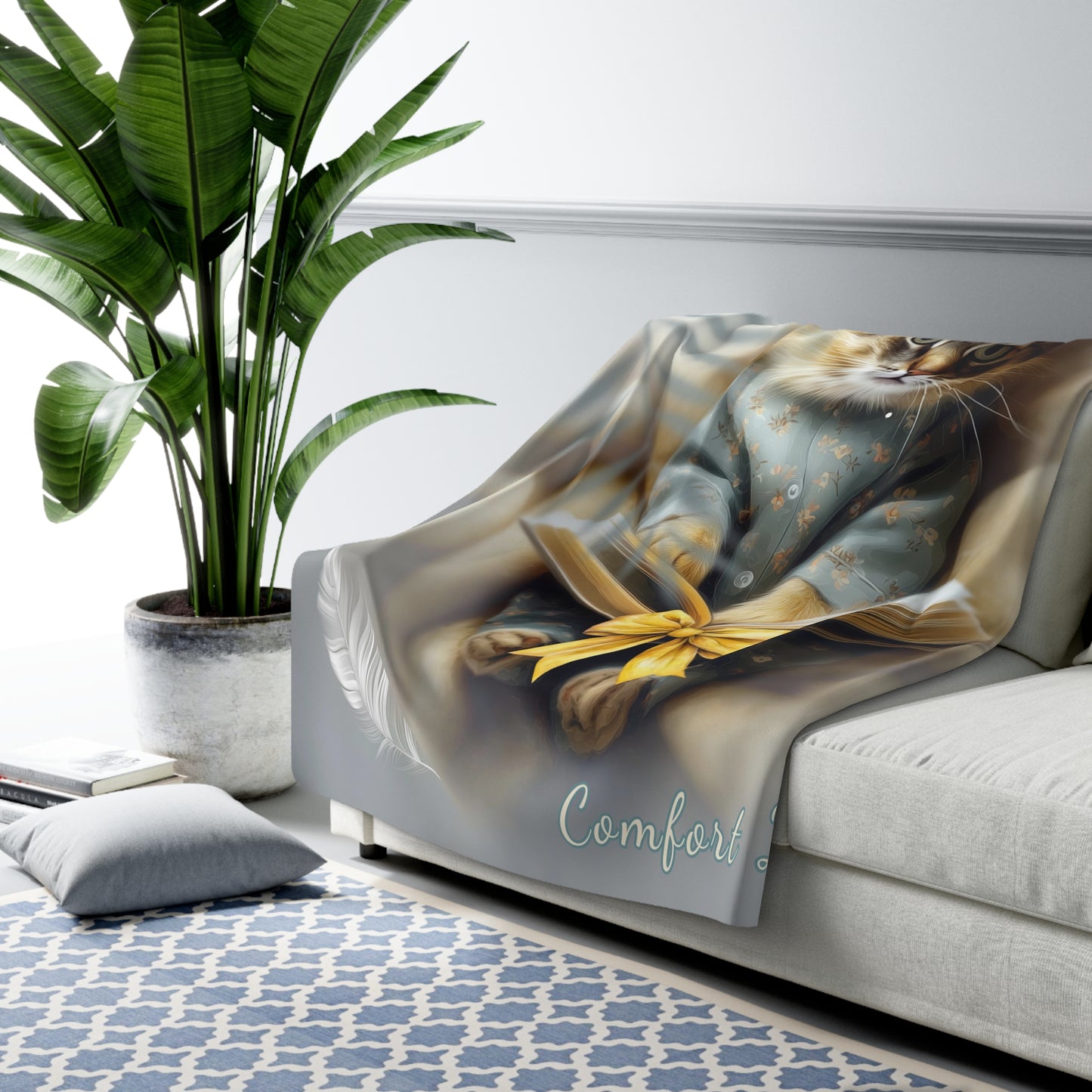 Cozy Cat Reading Sherpa Blanket — "Comfort Zone" Plush Throw