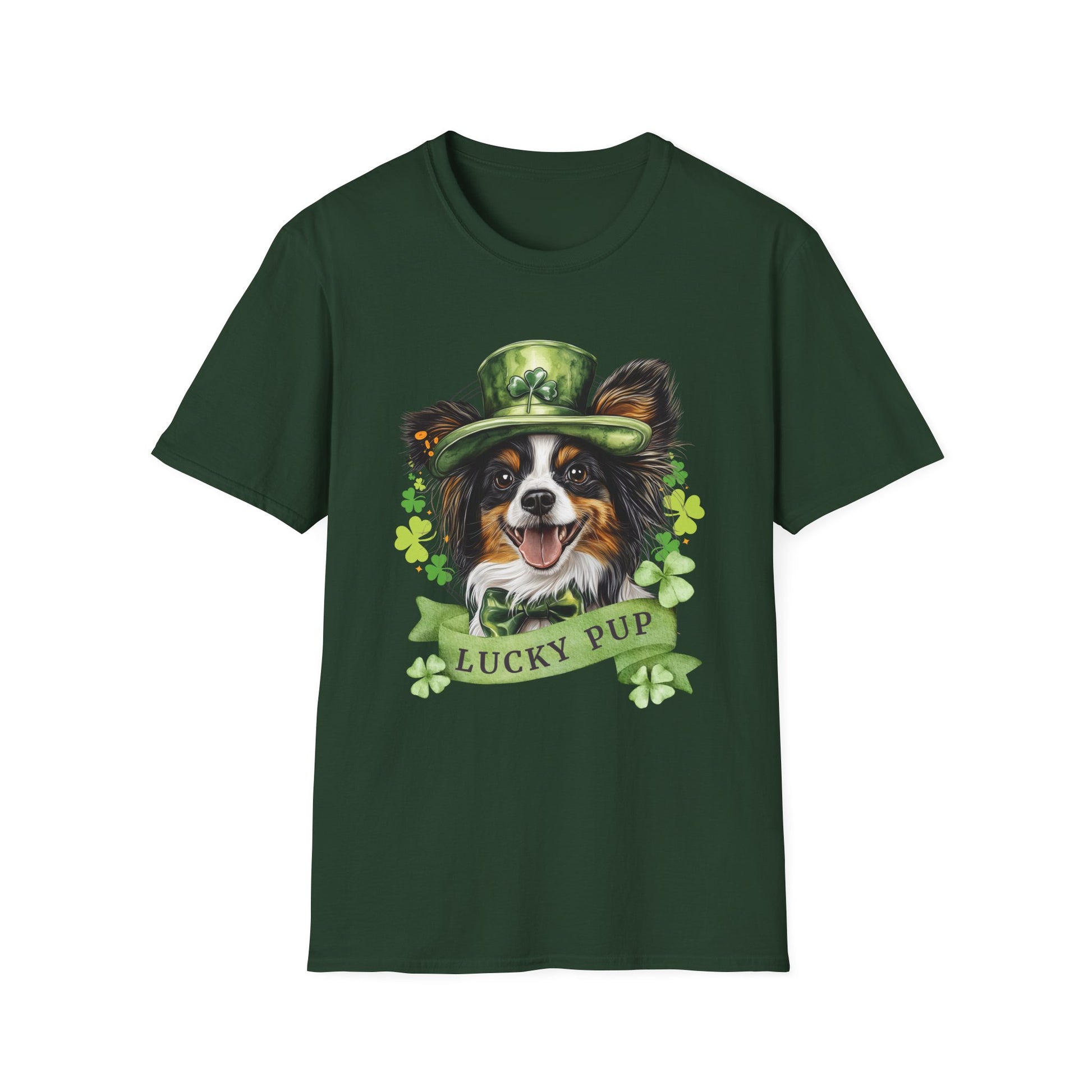 St. Patrick’s Day forest green color t-shirt featuring a Papillon dog with a shamrock garland and festive Irish design