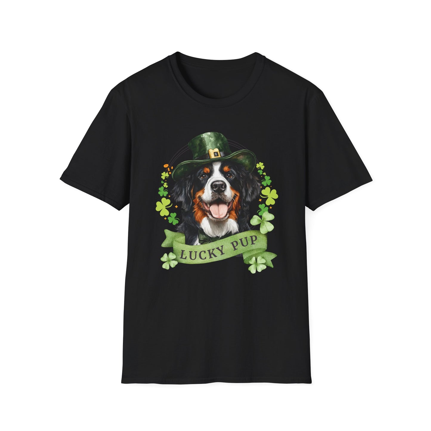 St. Patrick’s Day t-shirt featuring a bernese mountain dog with a shamrock garland and festive Irish design