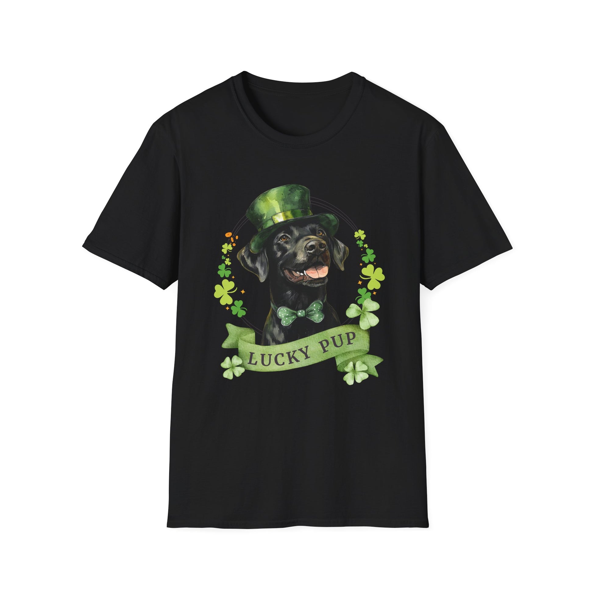 St. Patrick’s Day t-shirt featuring a Black Labrador Retriever dog with a shamrock garland and festive Irish design