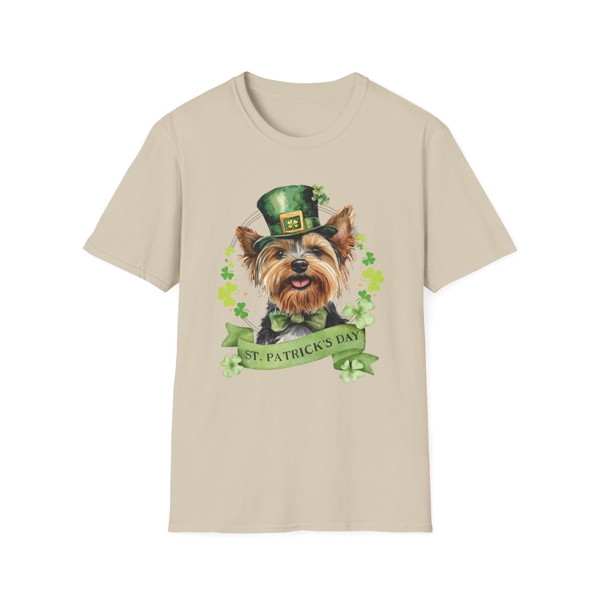 St. Patrick’s Day t-shirt featuring a yorkshire terrier dog with a shamrock garland and festive Irish design